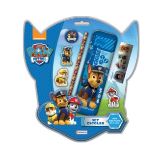 Set escolar con caja porta útiles + vs paw patrol